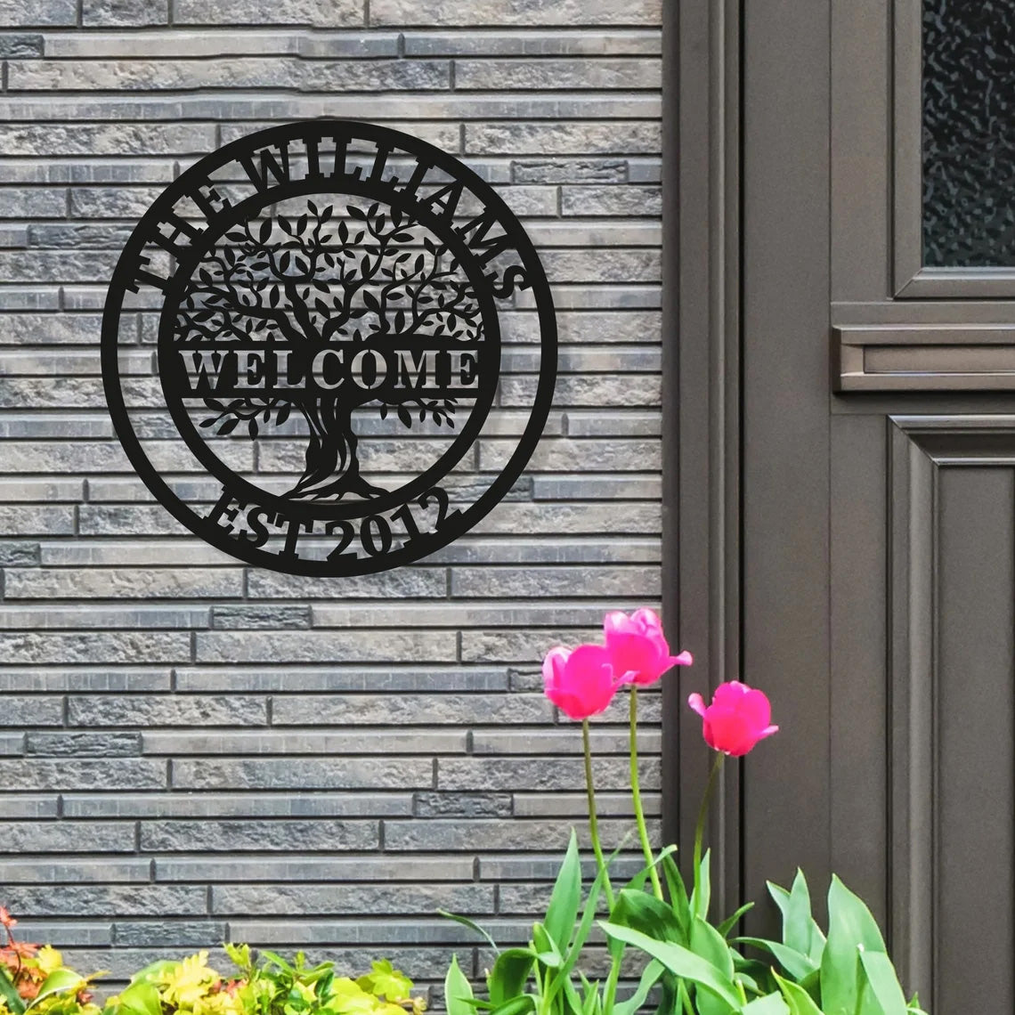 Custom Metal Welcome Sign, Family Tree of Life Door Hanging, Personalized Olive Tree Name Sign