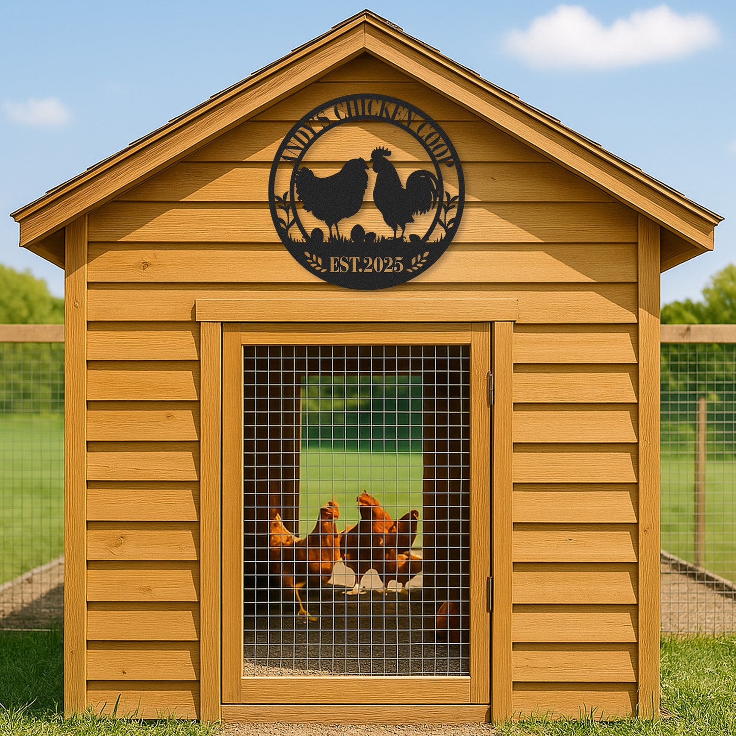 Personalized Chicken Coop Metal Sign with Eggs and Farm Scene, Custom Name Gift for Backyard Chicken Owners