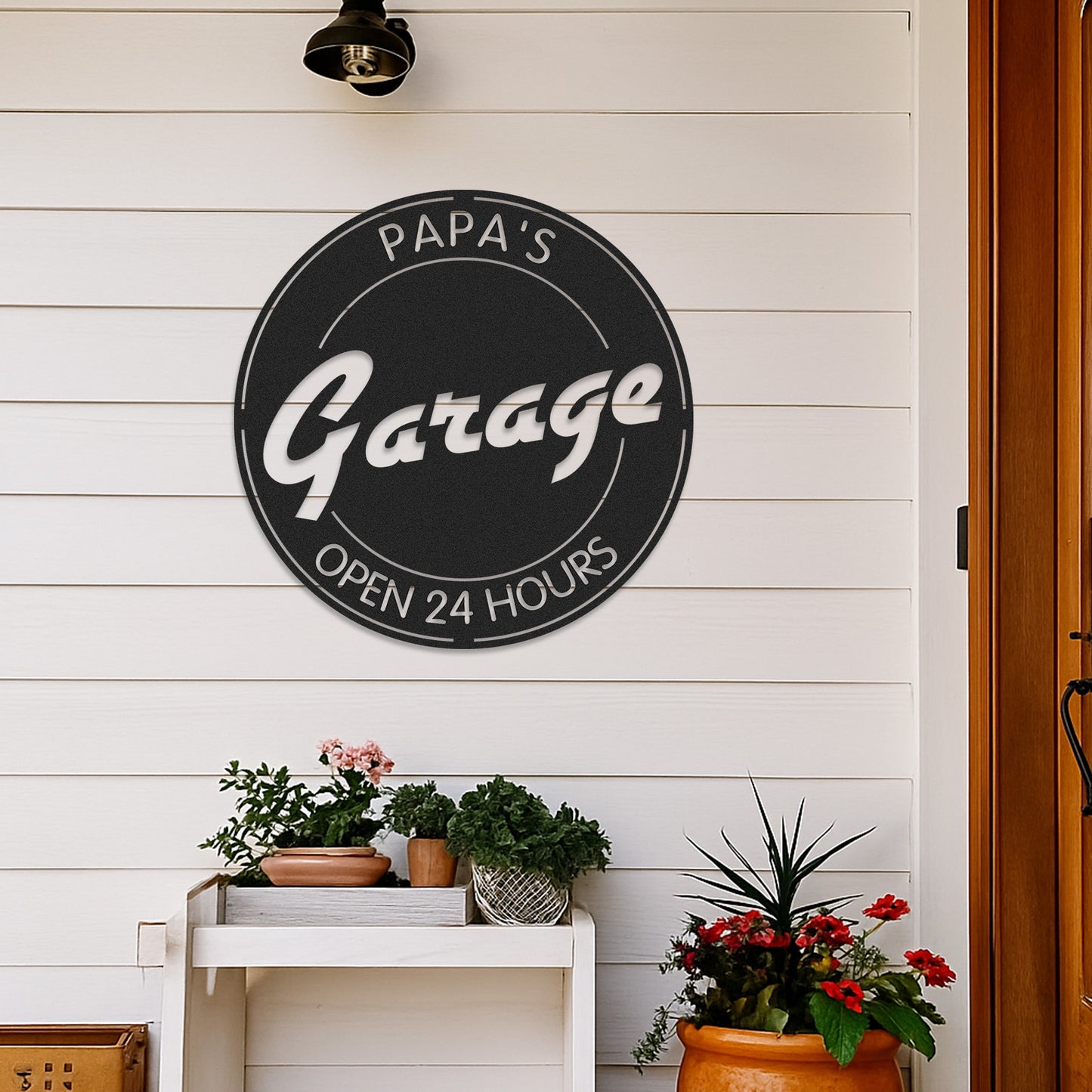 Papa's Garage Metal Sign, Custom Round Workshop Decor, Personalized Garage Wall Art, Open 24 Hours Gift for Dad or Grandpa