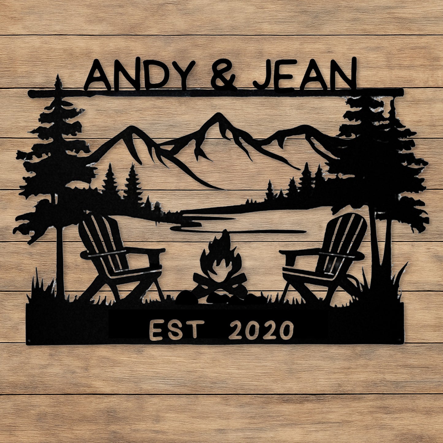 Custom Couple Campfire Metal Sign, Personalized Lake and Mountain Wall Art with Chairs and Names, Wedding or Cabin Decor Gift