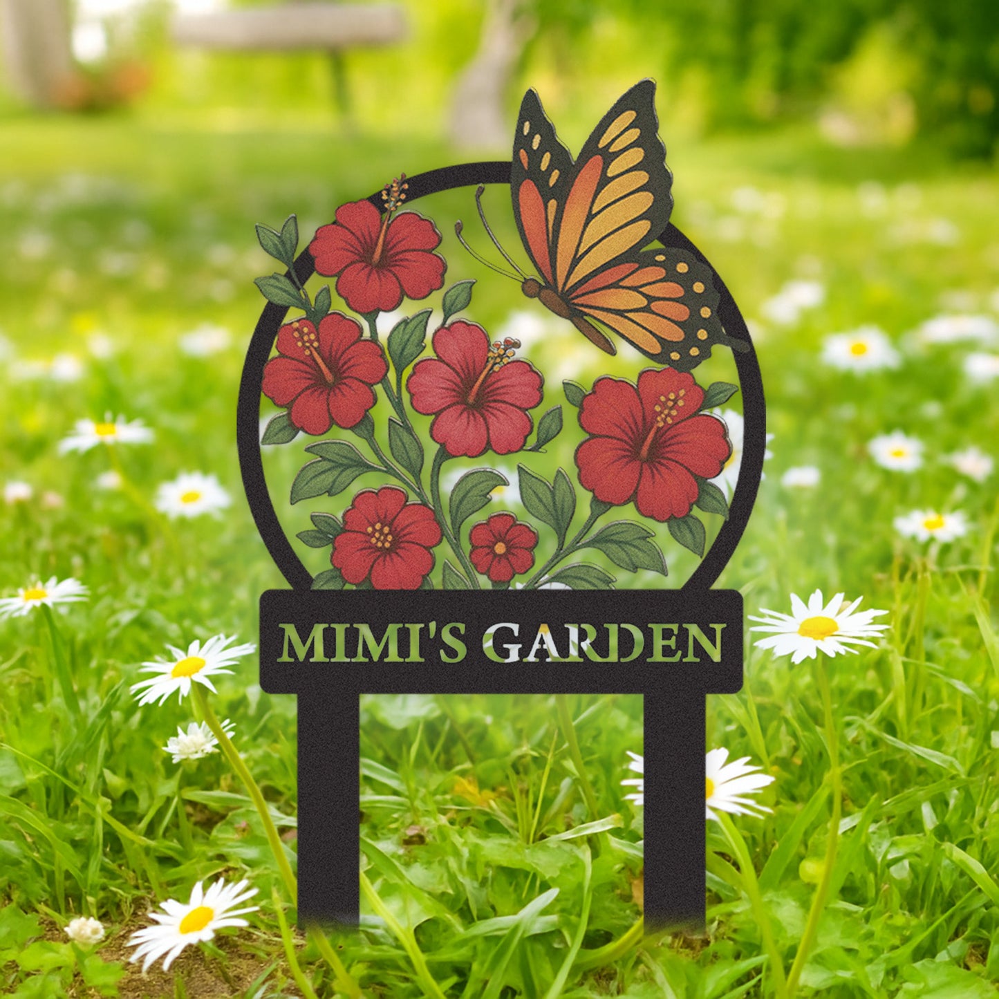 Personalized Garden Sign with Red Hibiscus Flowers and Butterfly, Custom Metal Yard Stake for Gardeners, Colorful Outdoor Garden Name Sign Decor