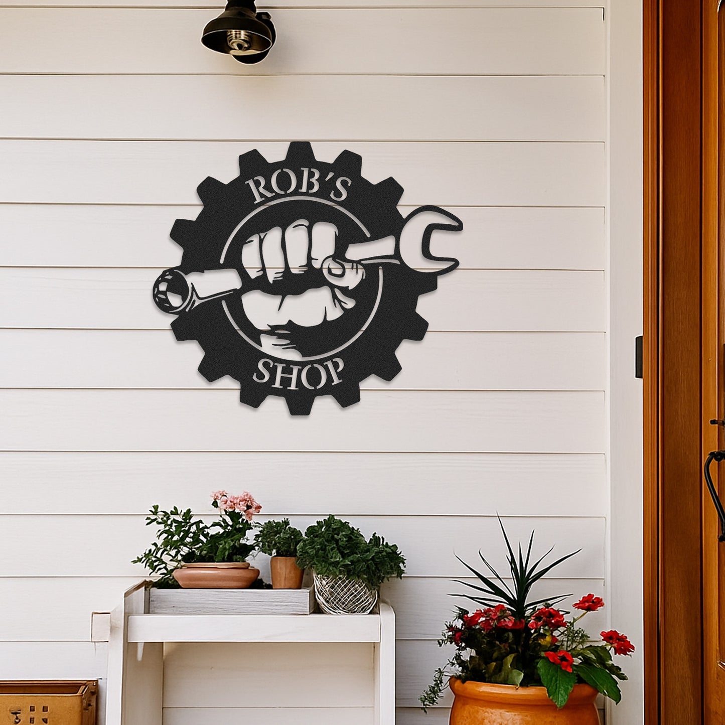 Custom Gear Workshop Metal Sign with Wrench, Personalized Garage Sign for Dad, Grandpa or Husband, Gift for Father��s Day or Birthday