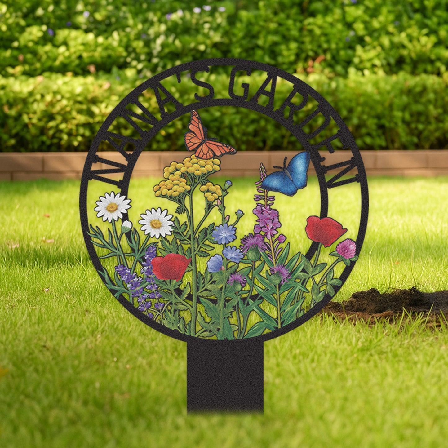 Personalized Garden Sign for Nana, Custom Metal Round Garden Stake with Wildflowers and Butterflies, Colorful Yard Sign for Outdoor Decor