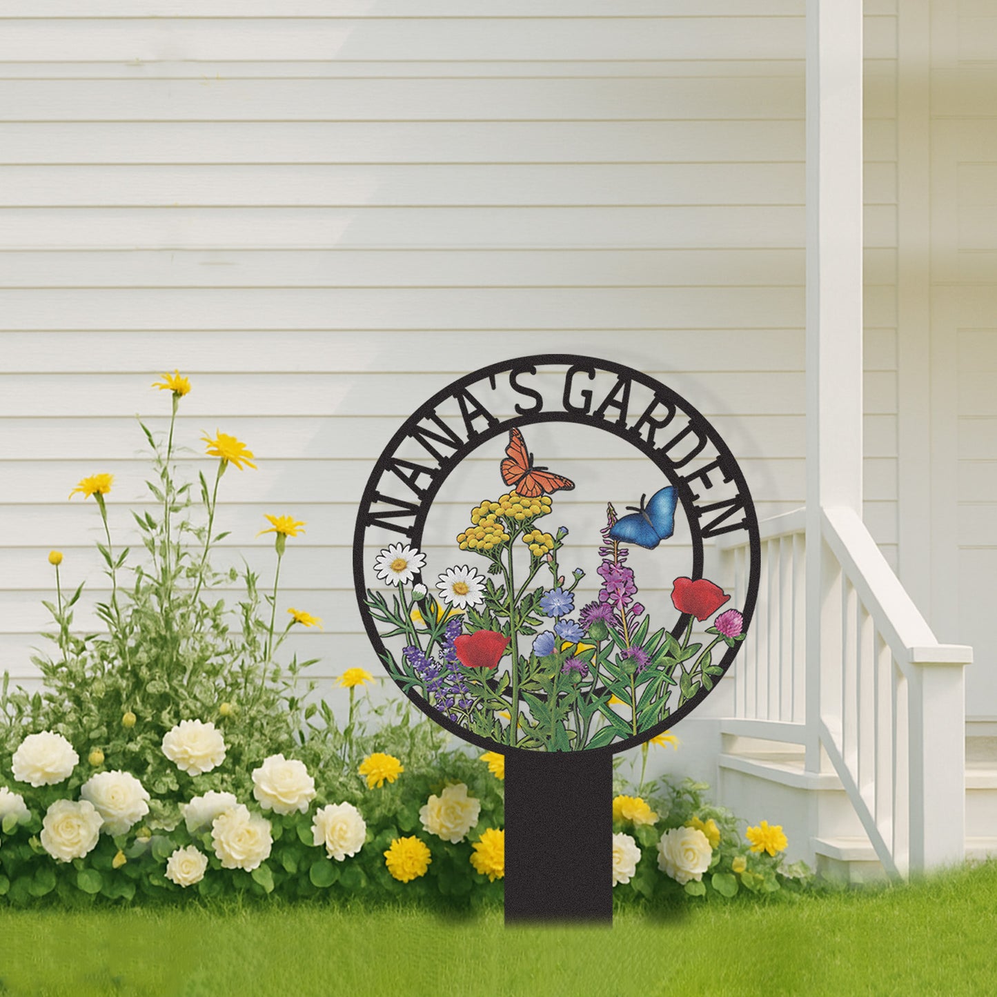 Personalized Garden Sign for Nana, Custom Metal Round Garden Stake with Wildflowers and Butterflies, Colorful Yard Sign for Outdoor Decor