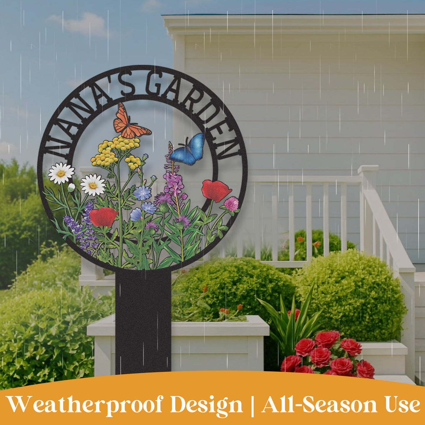 Personalized Garden Sign for Nana, Custom Metal Round Garden Stake with Wildflowers and Butterflies, Colorful Yard Sign for Outdoor Decor