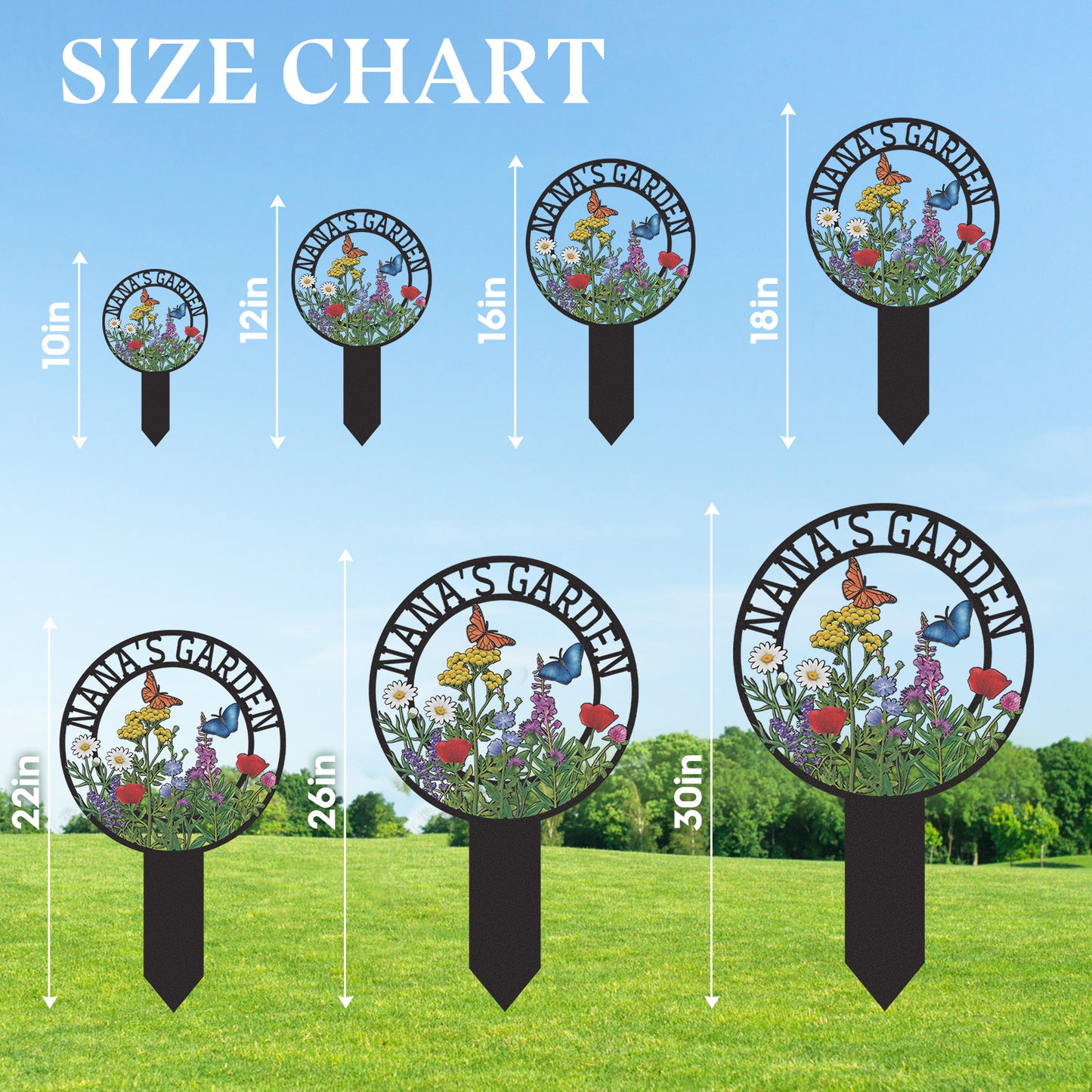 Personalized Garden Sign for Nana, Custom Metal Round Garden Stake with Wildflowers and Butterflies, Colorful Yard Sign for Outdoor Decor