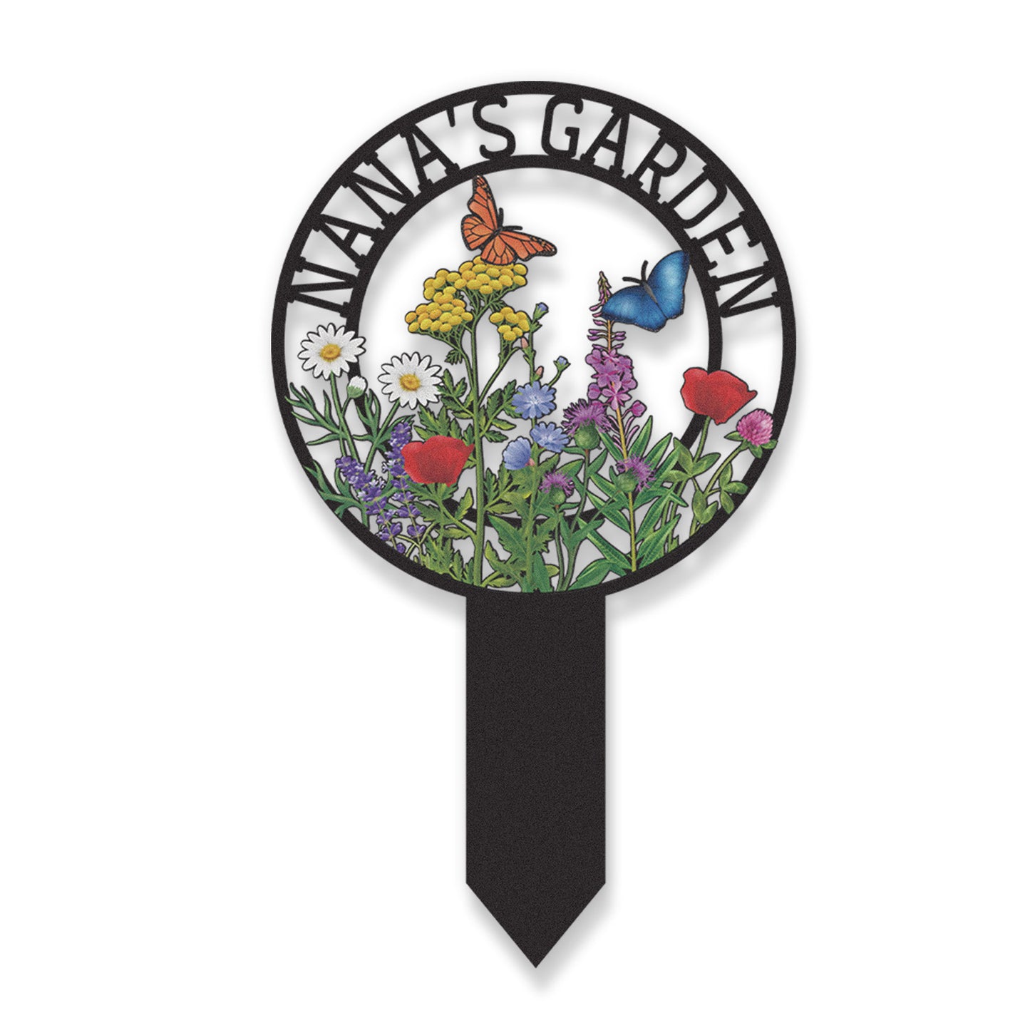 Personalized Garden Sign for Nana, Custom Metal Round Garden Stake with Wildflowers and Butterflies, Colorful Yard Sign for Outdoor Decor