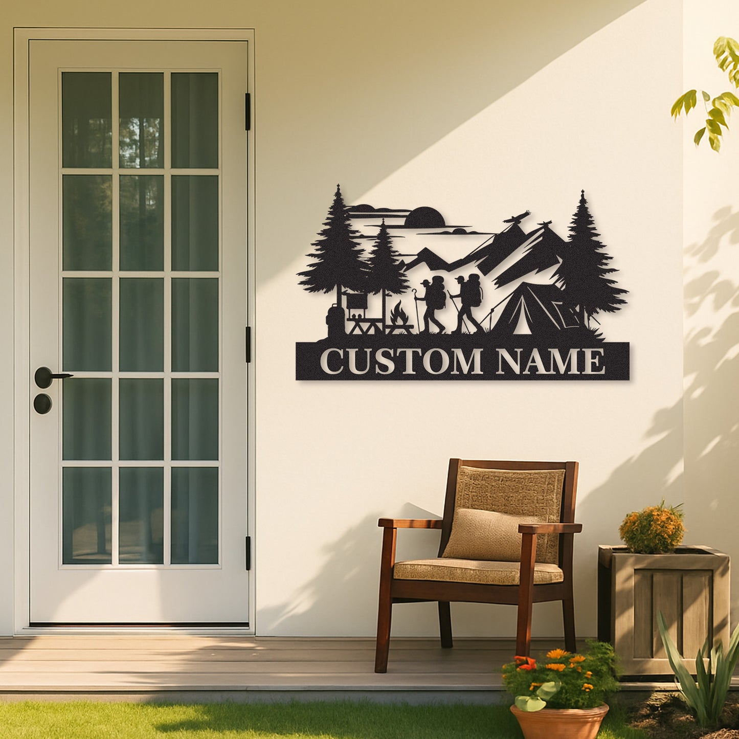 Custom Hiking Camping Metal Sign, Personalized Mountain Tent and Trail Scene for Outdoor Cabin, Basecamp, or Adventure Family Gift