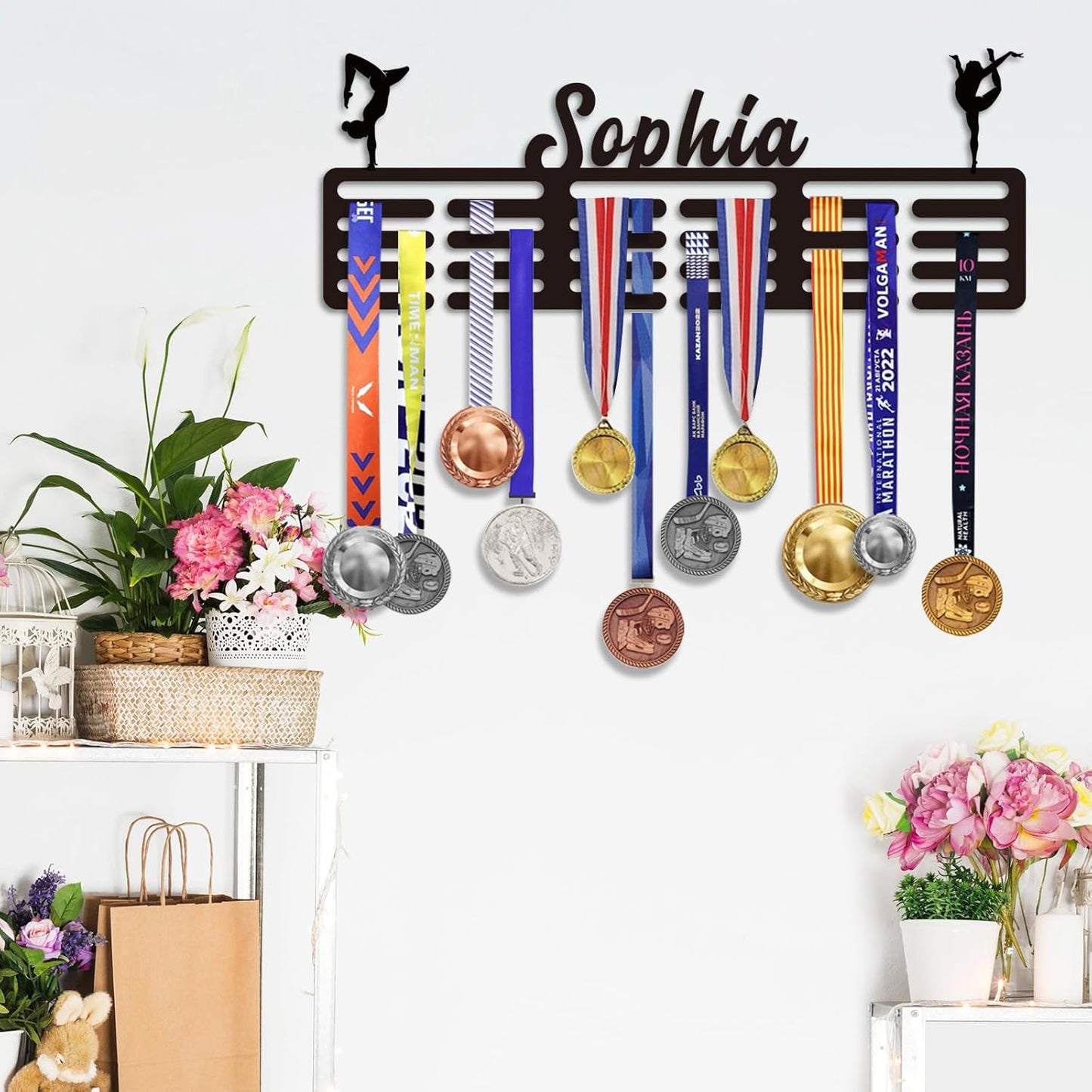 Personalized Sports Medal Display Rack Wall Mount Holds 60 Awards for Youth Gifts