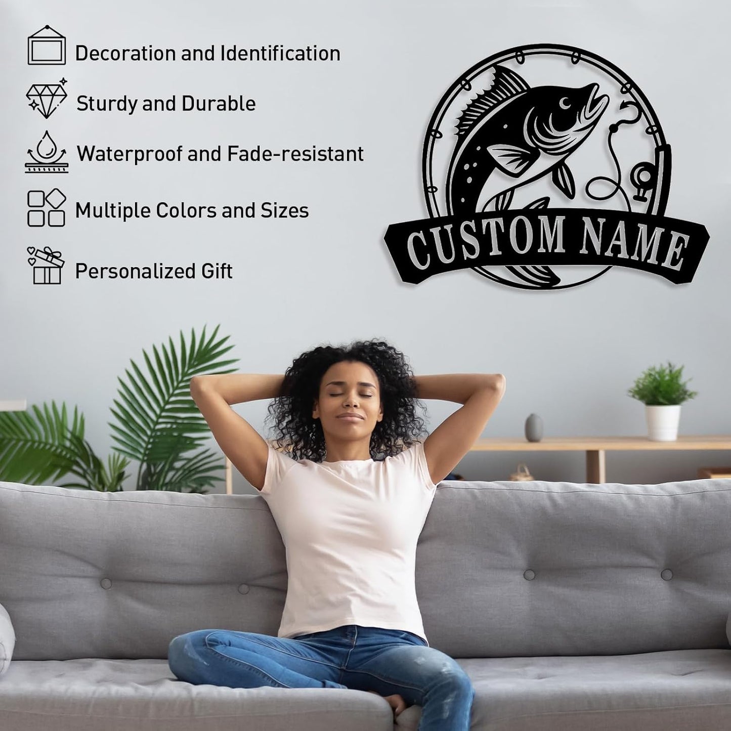 Custom Hook & Bass Metal Sign, Personalized Fishing Wall Art for Anglers