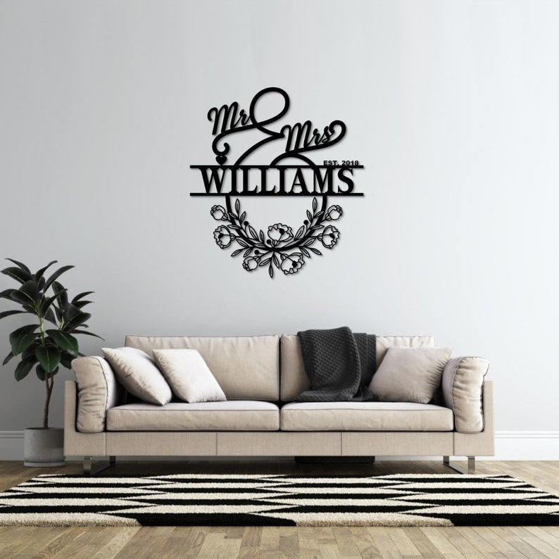 Personalized Mr And Mrs Metal Sign Customizable Family Name For Wall Decor Gift