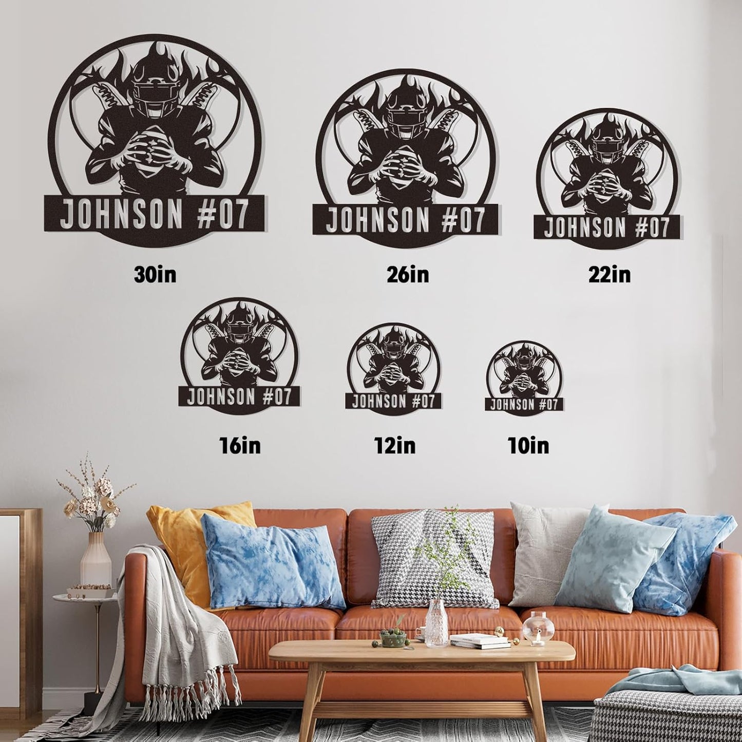 Personalized Football Wall Art with Name and Number, Custom Flaming Player Metal Sign, Sports Decor for Boys Room or Team Gift
