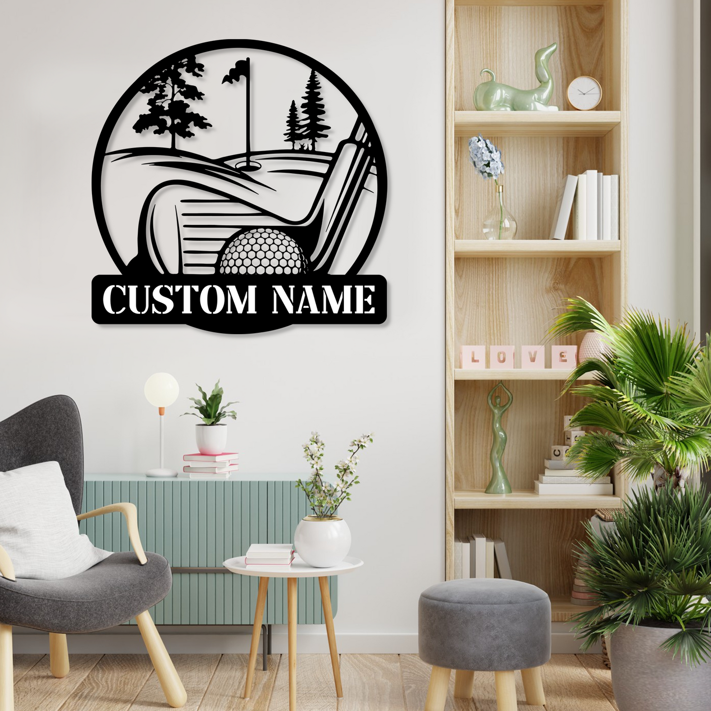 Personalized Golf Scene Metal Sign, Name Plate with Moving Ball Design for Garden or Fence Decor