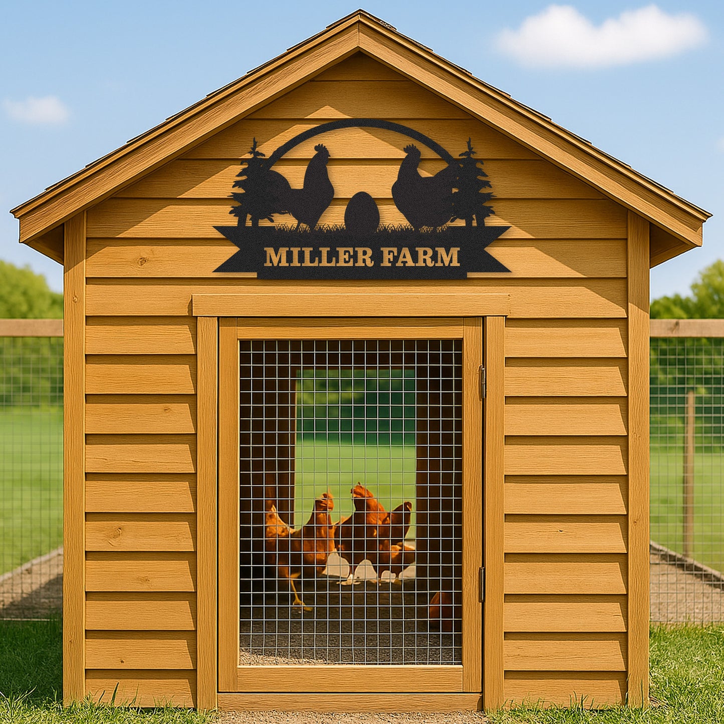 Personalized Farm Name Sign with Chicken Scene, Custom Metal Wall Art for Coop, Barn or Garden Fence