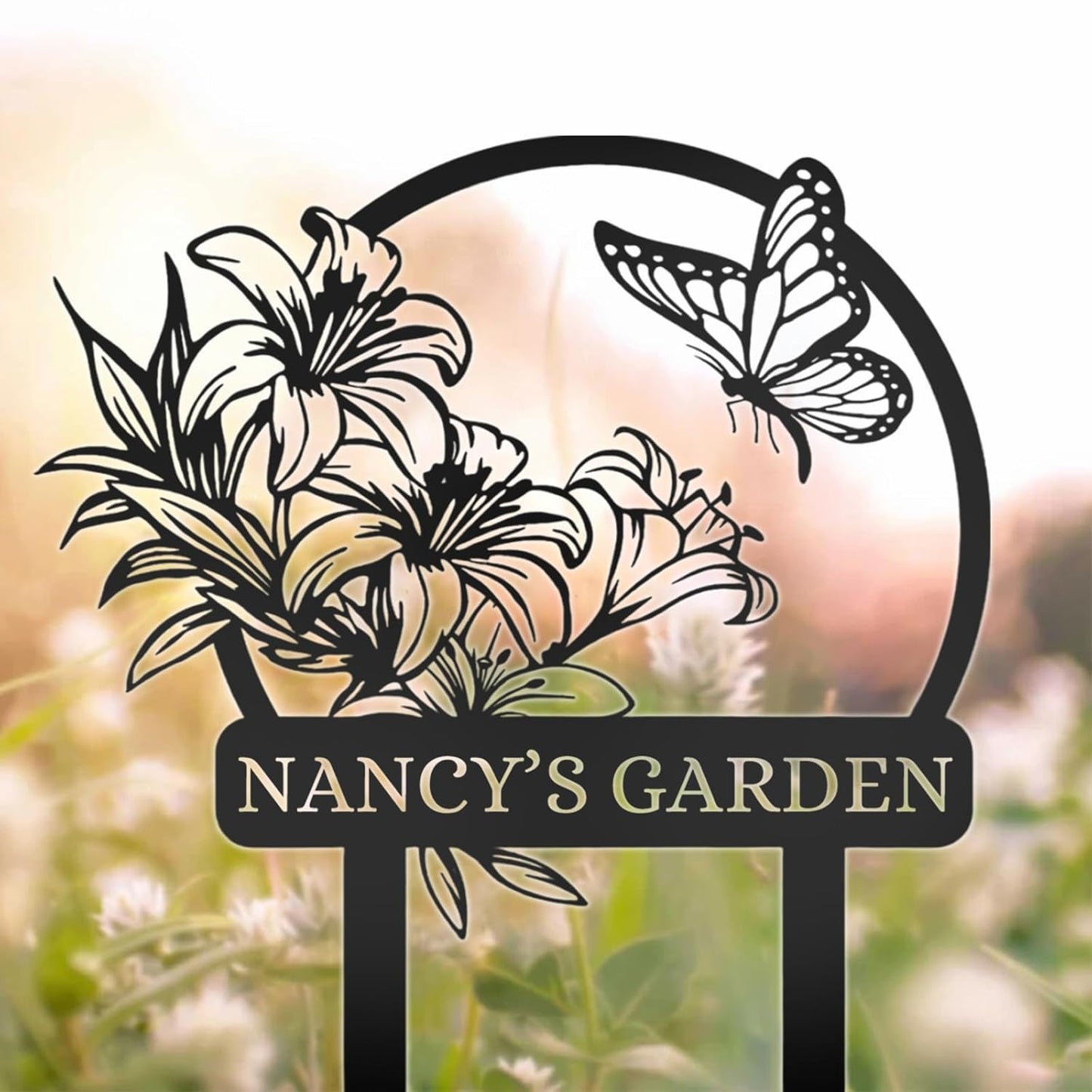 Custom Butterfly Garden Sign with Name, Personalized Metal Yard Stake for Outdoor Decor