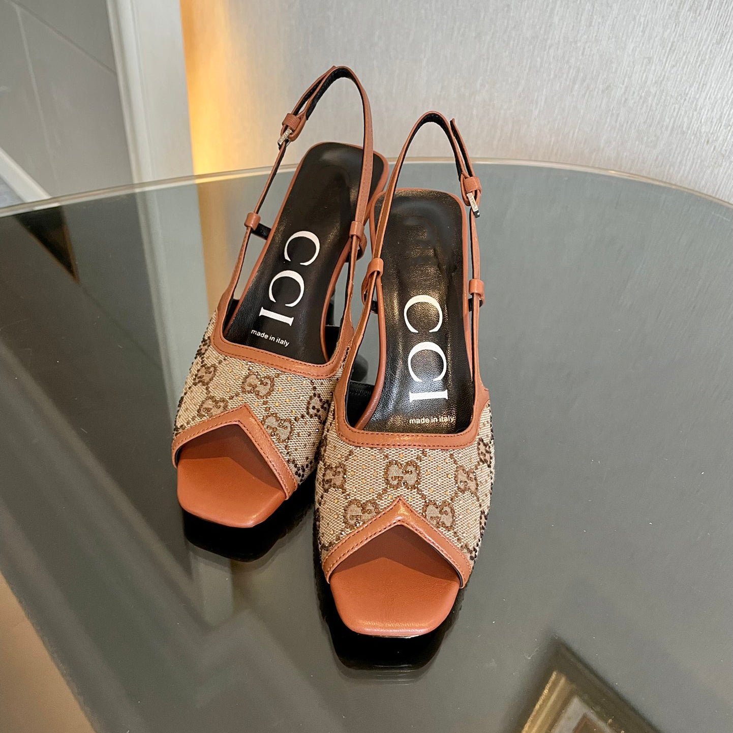 New G logo mesh rhinestone high-heeled sandals XC16060702