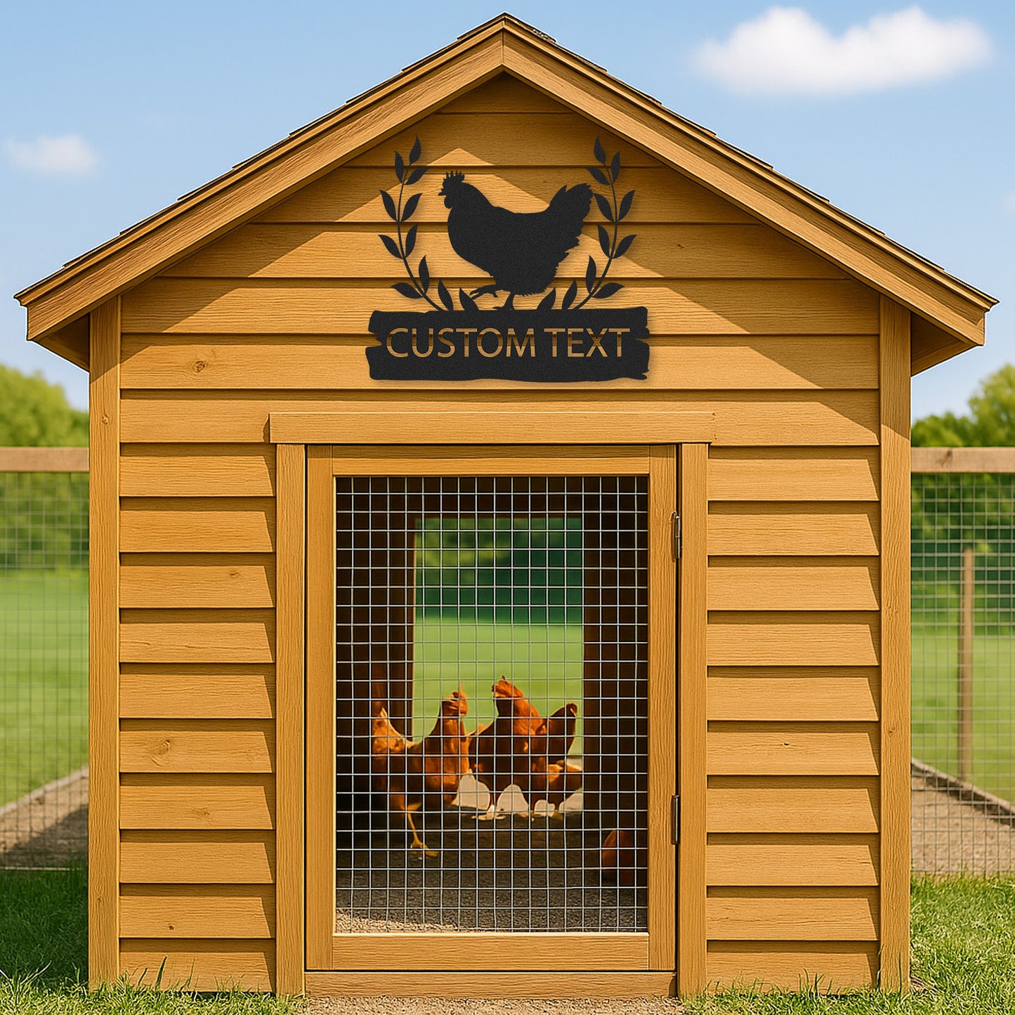 Custom Chicken Coop Sign with Leaf Design and Hen Silhouette, Personalized Farmhouse Outdoor Decor