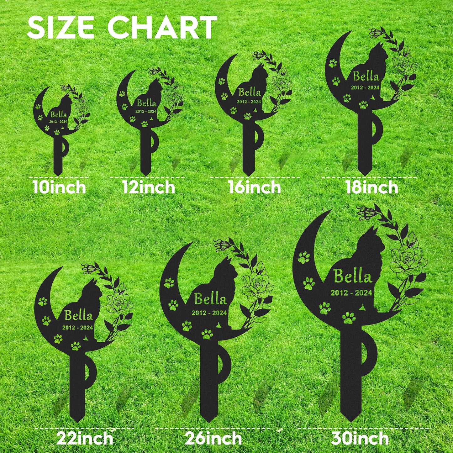 Personalized Cat Memorial Stake, Cat Metal Grave Marker with Flowers & Moon, Cat Loss Sympathy Gift