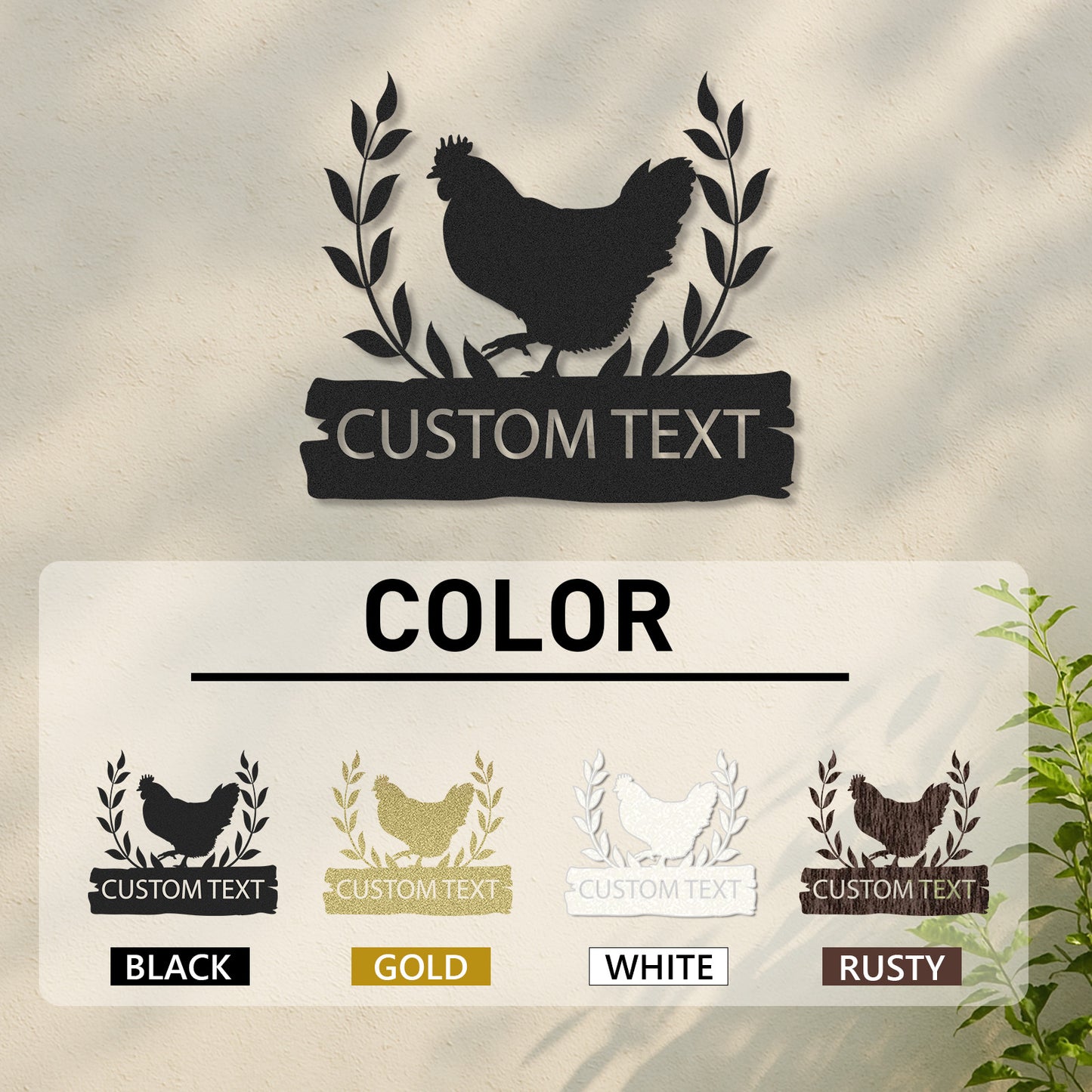 Custom Chicken Coop Sign with Leaf Design and Hen Silhouette, Personalized Farmhouse Outdoor Decor