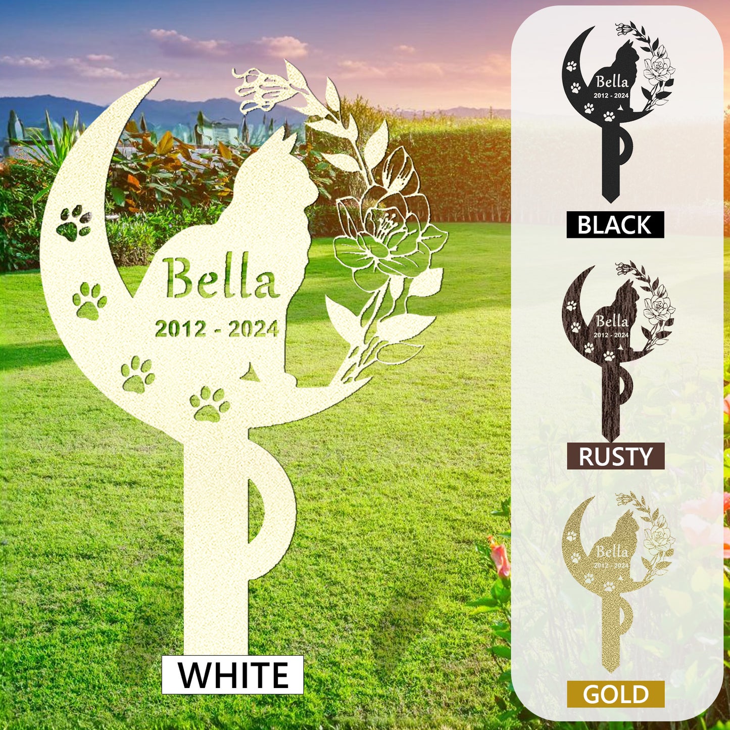 Personalized Cat Memorial Stake, Cat Metal Grave Marker with Flowers & Moon, Cat Loss Sympathy Gift