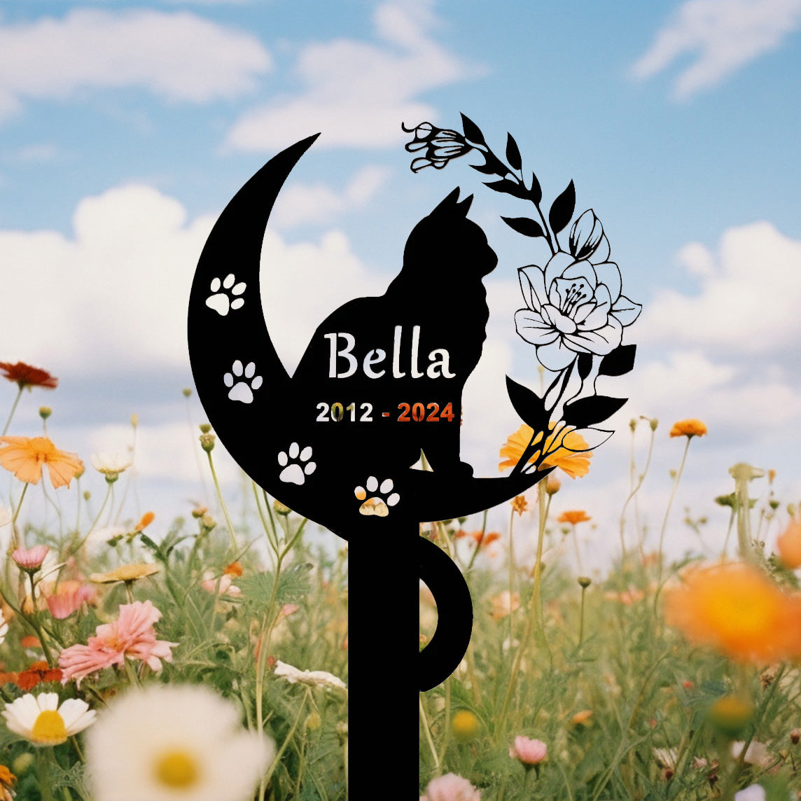 Personalized Cat Memorial Stake, Cat Metal Grave Marker with Flowers & Moon, Cat Loss Sympathy Gift