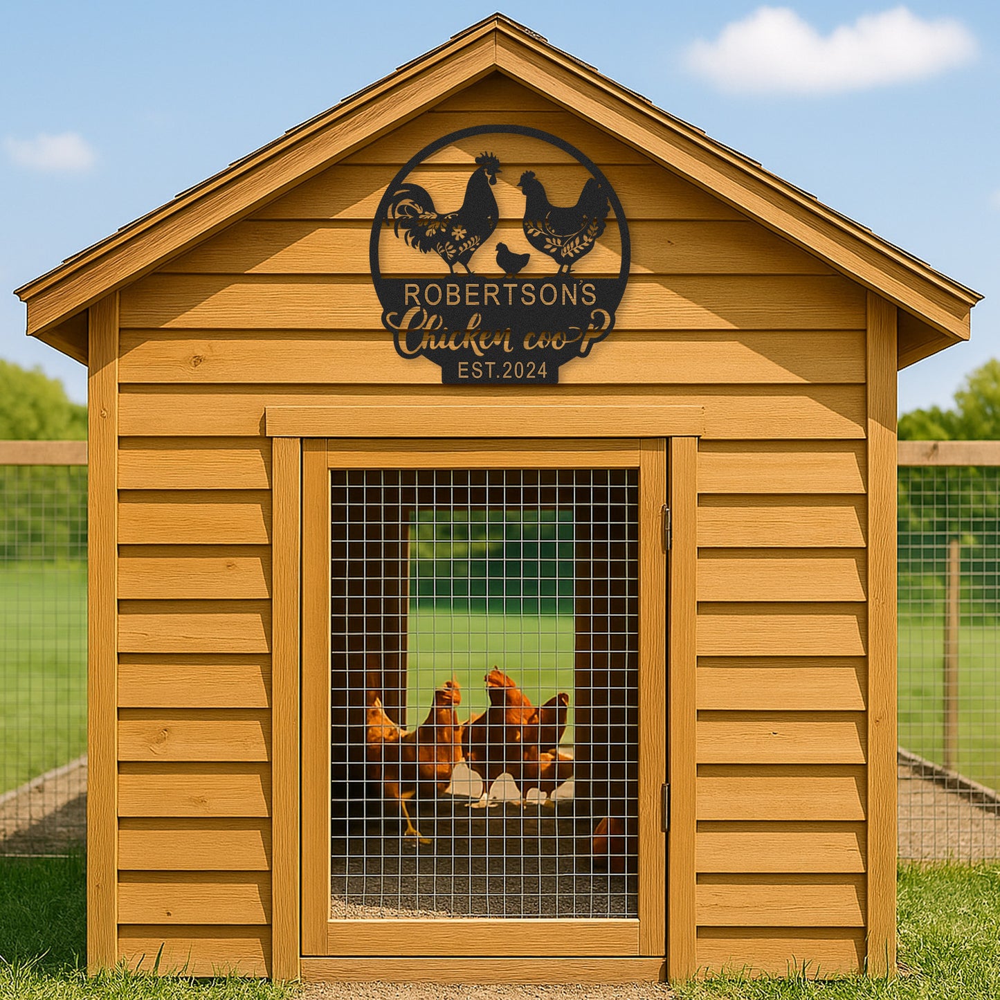 Custom Chicken Coop Sign with Rooster and Hen Design, Personalized Farmhouse Decor with Name and Est. Year