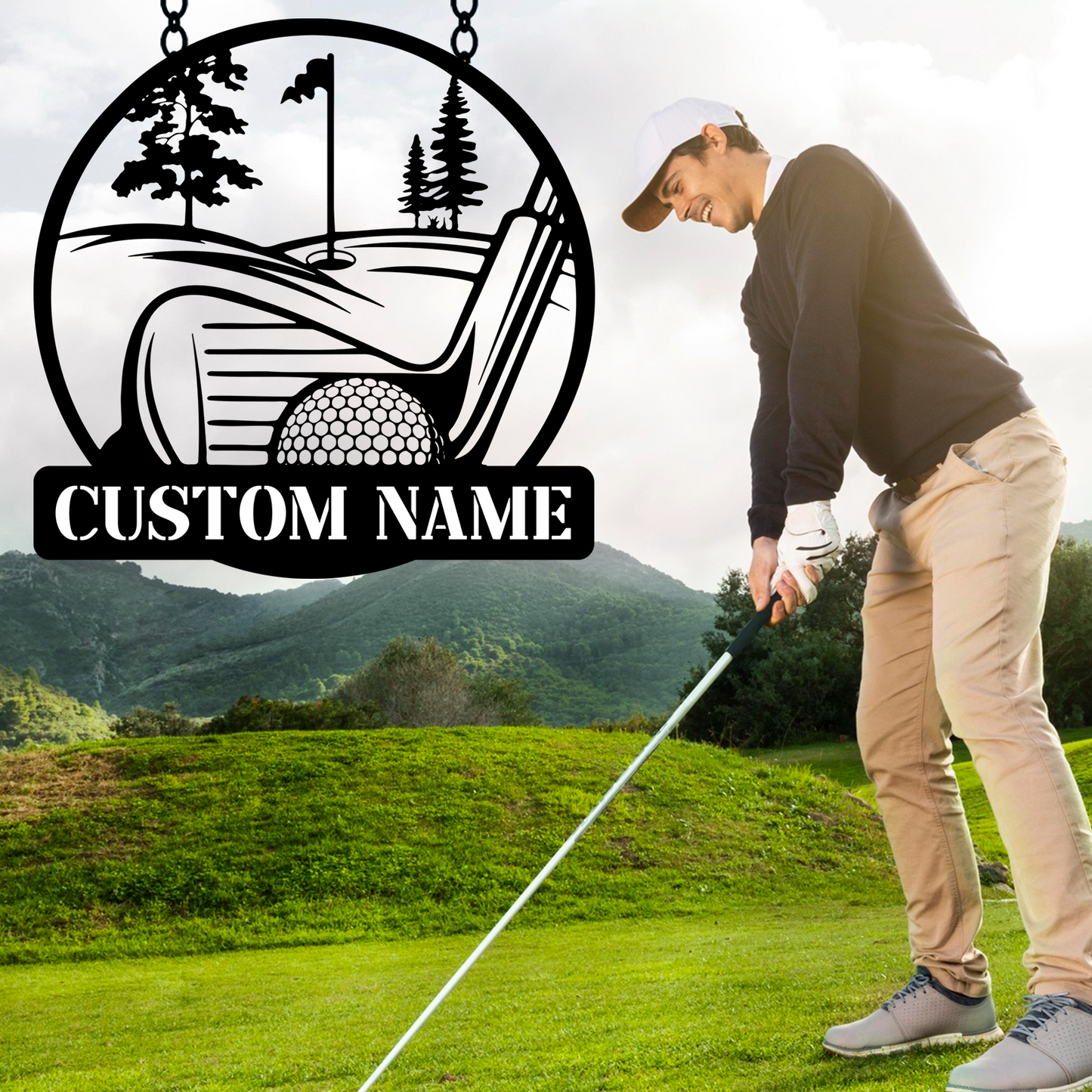 Personalized Golf Scene Metal Sign, Name Plate with Moving Ball Design for Garden or Fence Decor