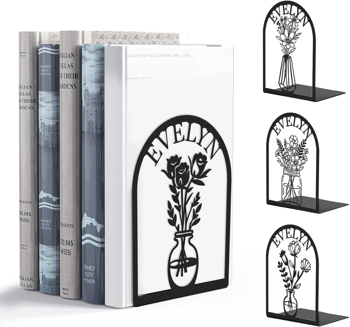 Custom Vase with Flowers Metal Bookends, Elegant Iron Bookshelf, Artistic Home Decor & Storage