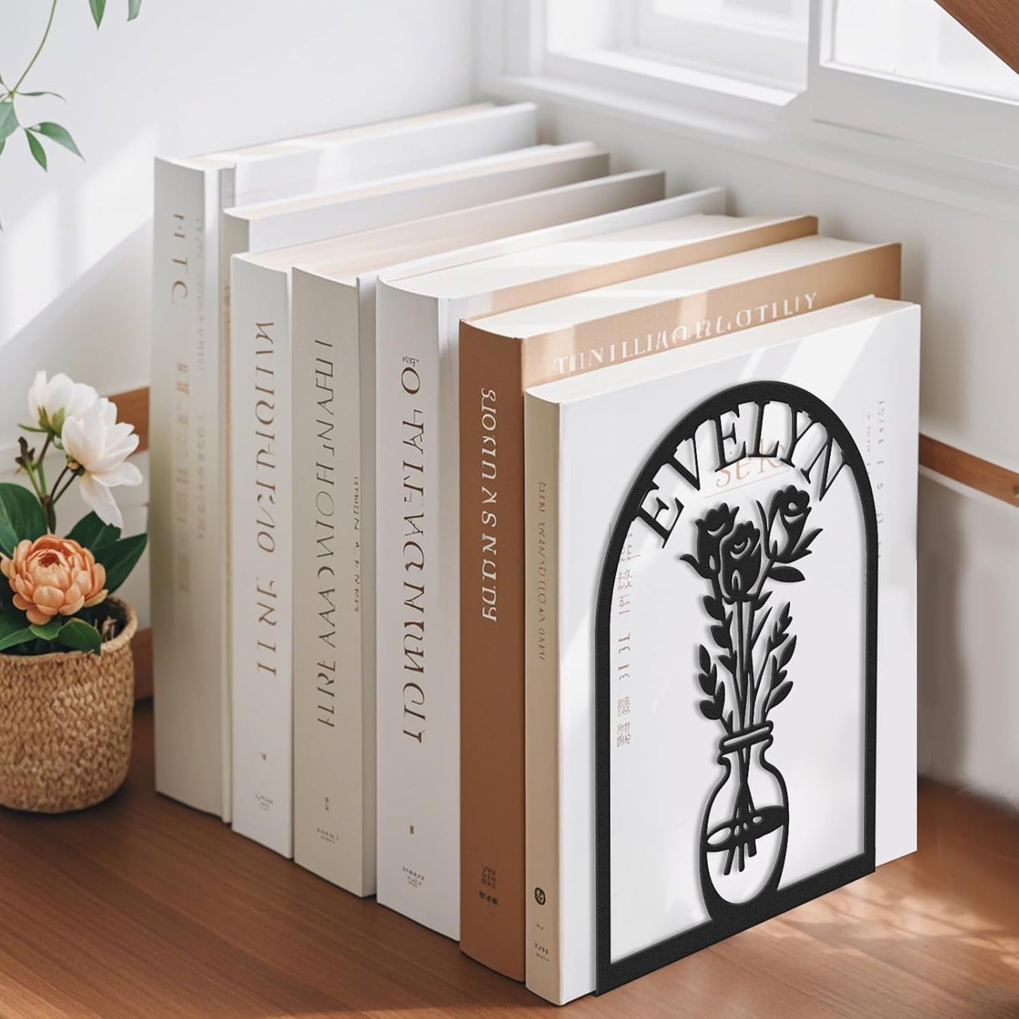 Custom Vase with Flowers Metal Bookends, Elegant Iron Bookshelf, Artistic Home Decor & Storage