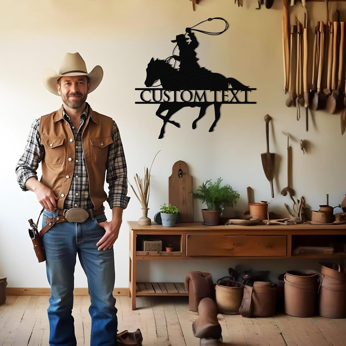Custom Cowboy Riding Metal Sign Rustic Western Wall Decor Personalized Ranch & Farmhouse Art