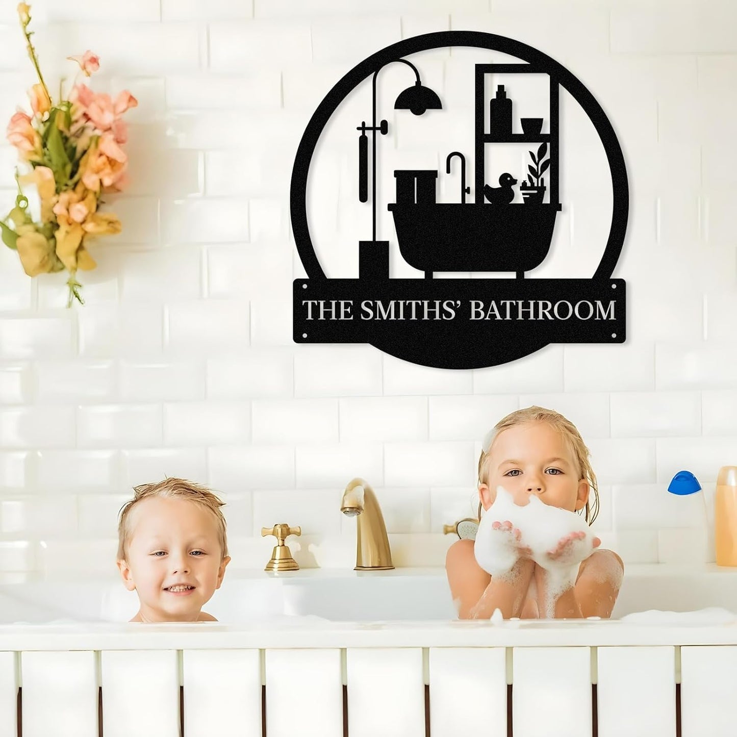 Personalized Bathroom Metal Sign, Farmhouse Bathroom Decor Wall Art, Custom Name Funny Bathroom Sign with Feces Design, Modern Hanging Decor for Home Washroom, Housewarming Gifts Color02