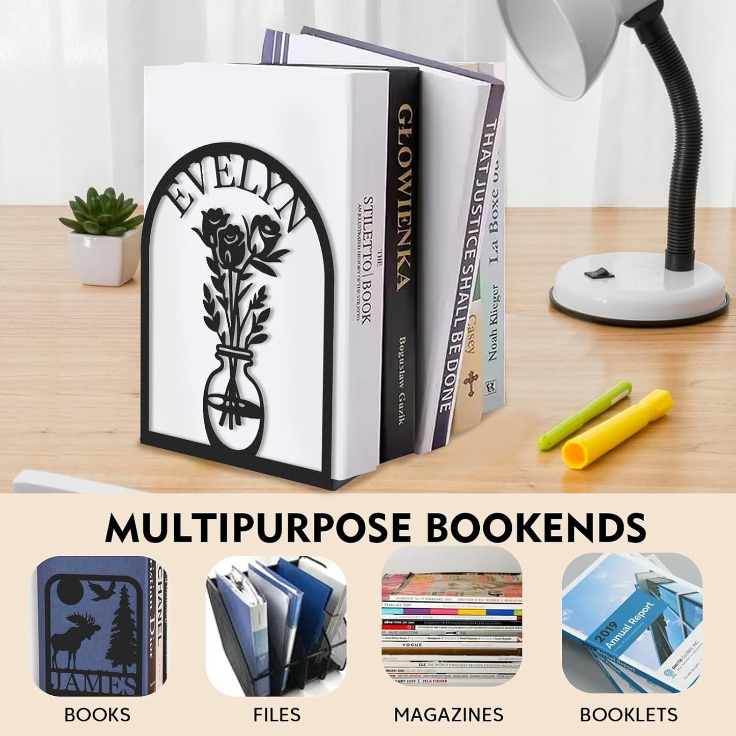 Custom Vase with Flowers Metal Bookends, Elegant Iron Bookshelf, Artistic Home Decor & Storage