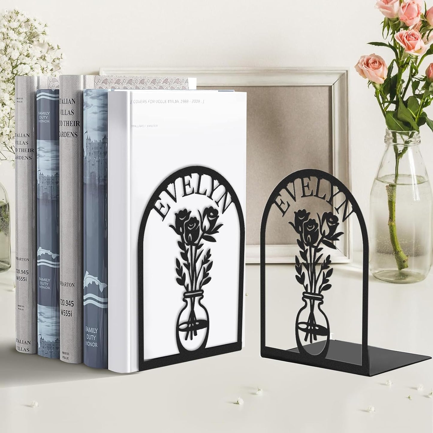 Custom Vase with Flowers Metal Bookends, Elegant Iron Bookshelf, Artistic Home Decor & Storage