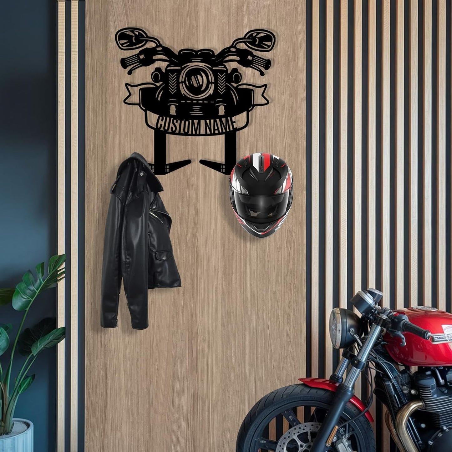 Motorcycle Helmet & Jacket Iron Wall Hanger , Personalized Garage Decor