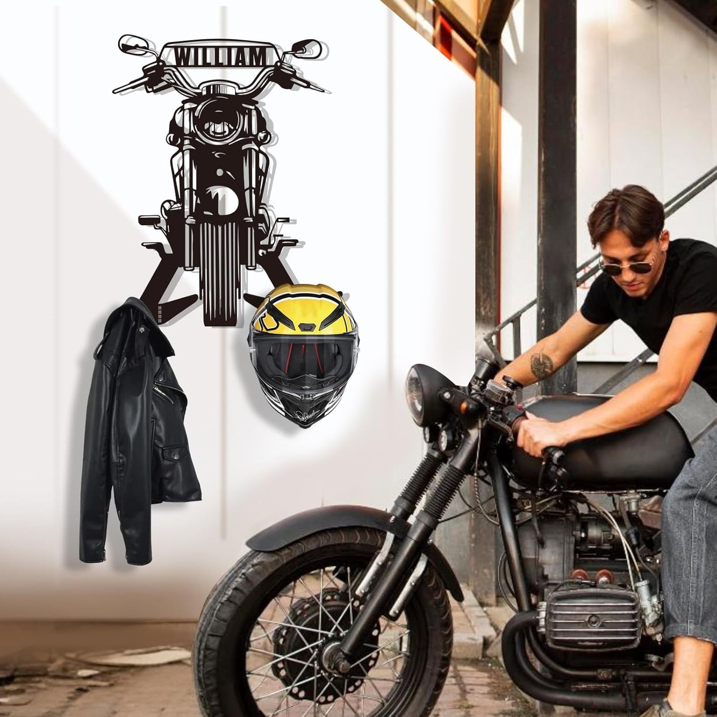 Custom Name Iron Helmet Hanger , Durable Wall-Mounted Rack for Bikers