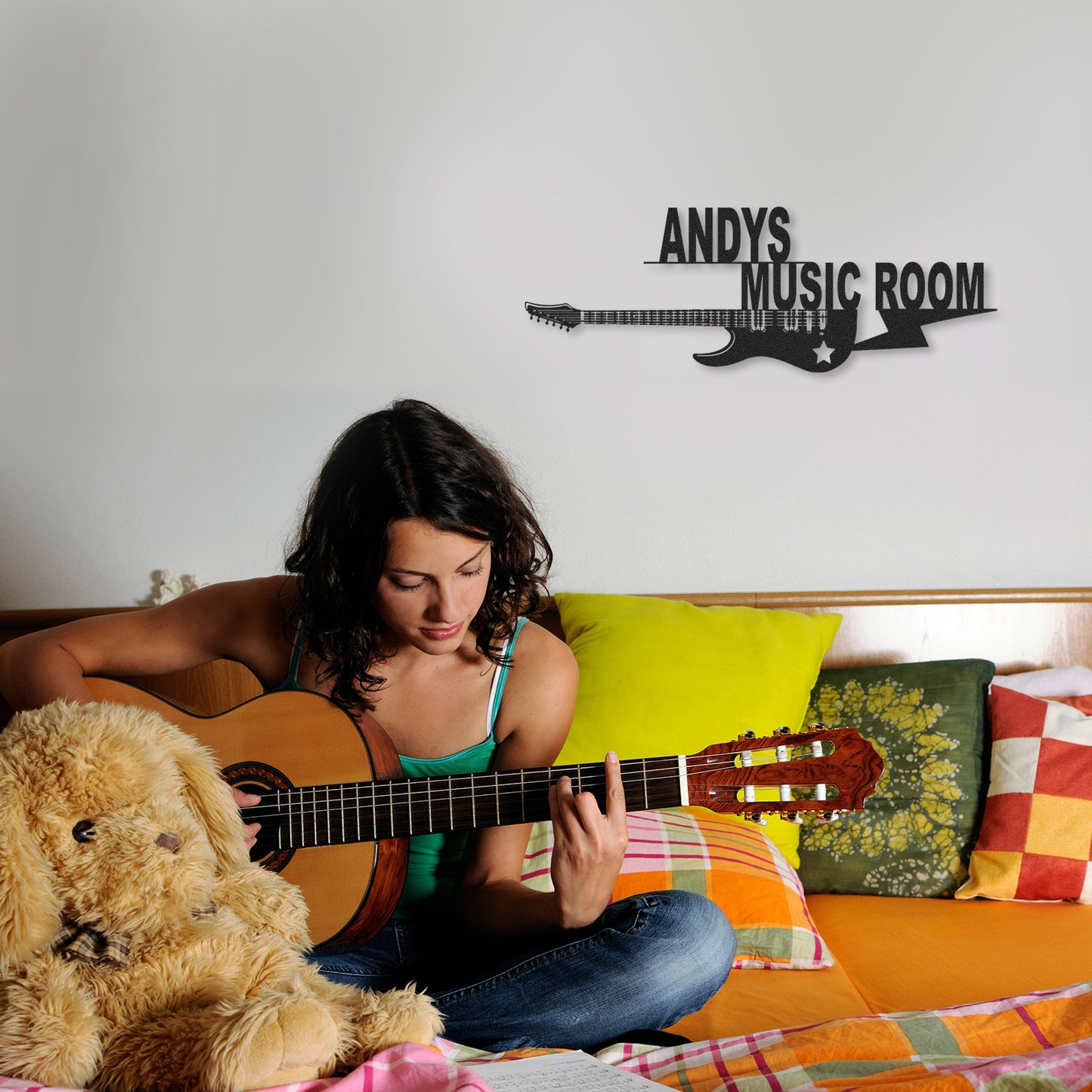 Personalized Electric Guitar Metal Sign, Custom Music Room Wall Art with Star and Lightning, Rock Gift for Him