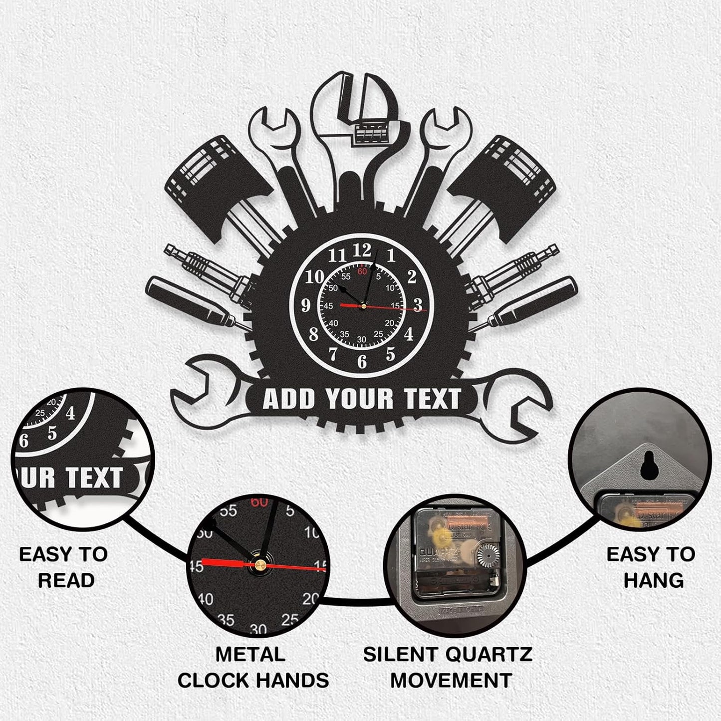 Personalized Large Outdoor Clock, Custom Motorcycle Wall Clock with Name, Modern Metal Wall Art, Battery Operated, Silent Non Ticking Clock for Garage Workshop Farmhouse Man Cave, Gifts for Men
