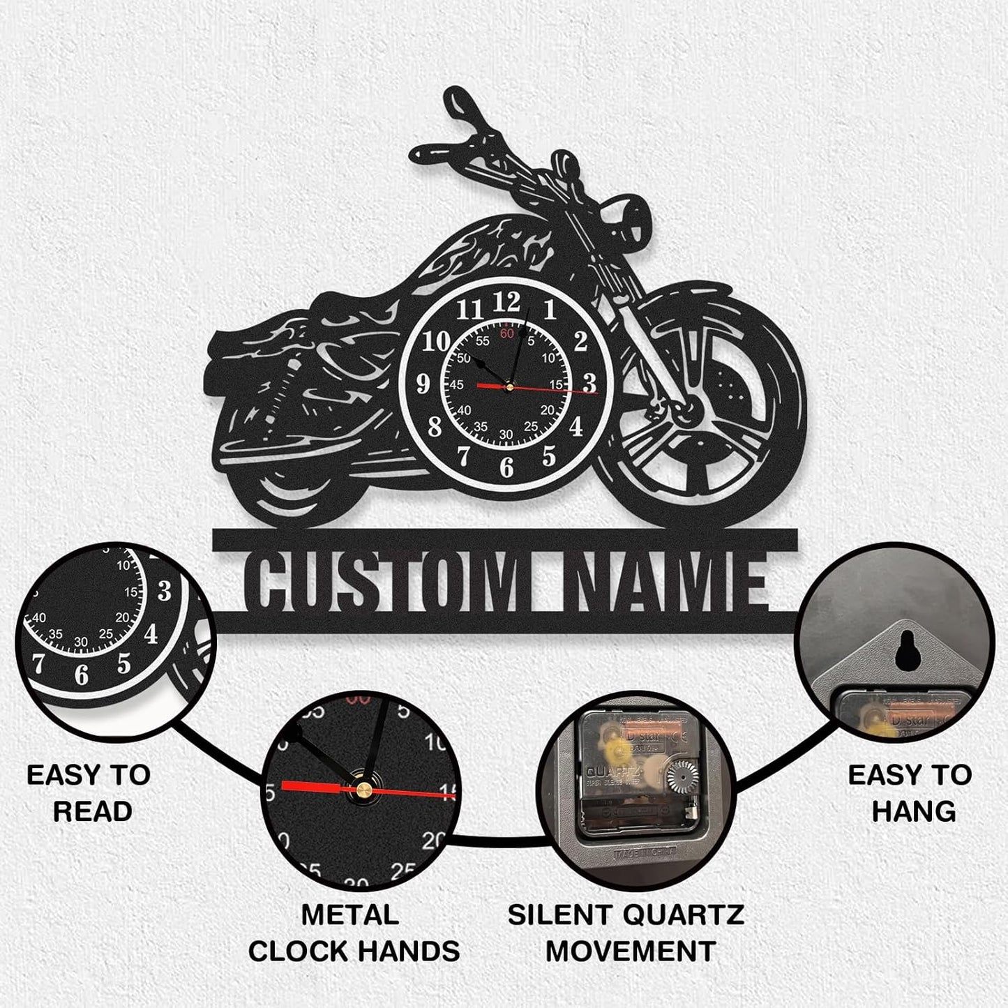 Personalized Large Outdoor Clock, Custom Motorcycle Wall Clock with Name, Modern Metal Wall Art, Battery Operated, Silent Non Ticking Clock for Garage Workshop Farmhouse Man Cave, Gifts for Men