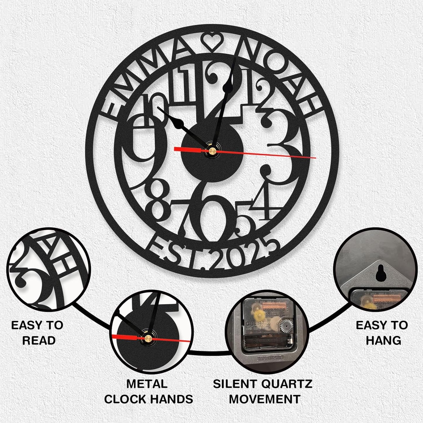 Personalized Large Outdoor Clock, Custom Motorcycle Wall Clock with Name, Modern Metal Wall Art, Battery Operated, Silent Non Ticking Clock for Garage Workshop Farmhouse Man Cave, Gifts for Men