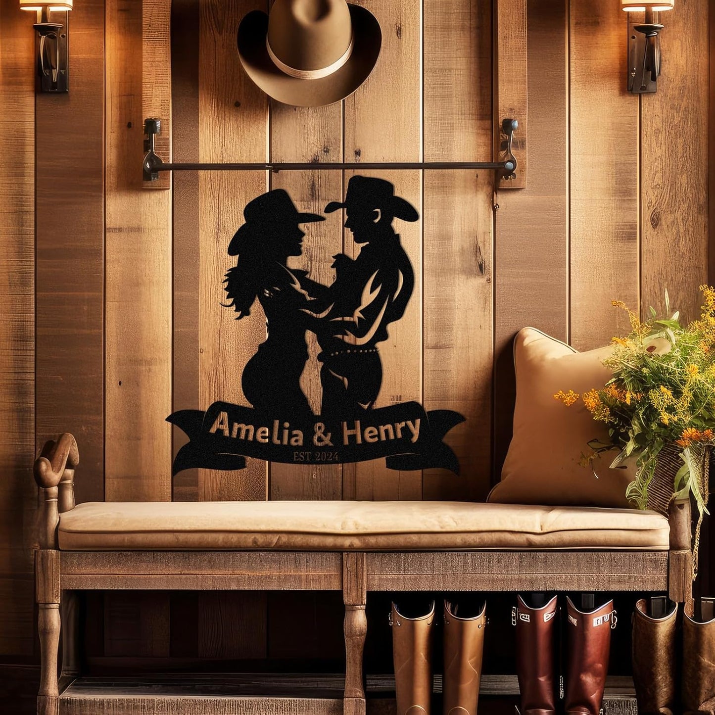 Personalized Cowboy Riding Silhouette Metal Wall Art Rustic Decor for Ranch & Tavern