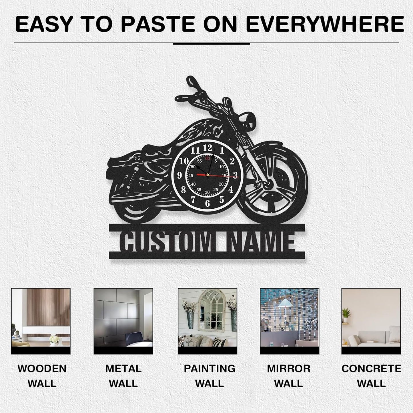 Personalized Large Outdoor Clock, Custom Motorcycle Wall Clock with Name, Modern Metal Wall Art, Battery Operated, Silent Non Ticking Clock for Garage Workshop Farmhouse Man Cave, Gifts for Men