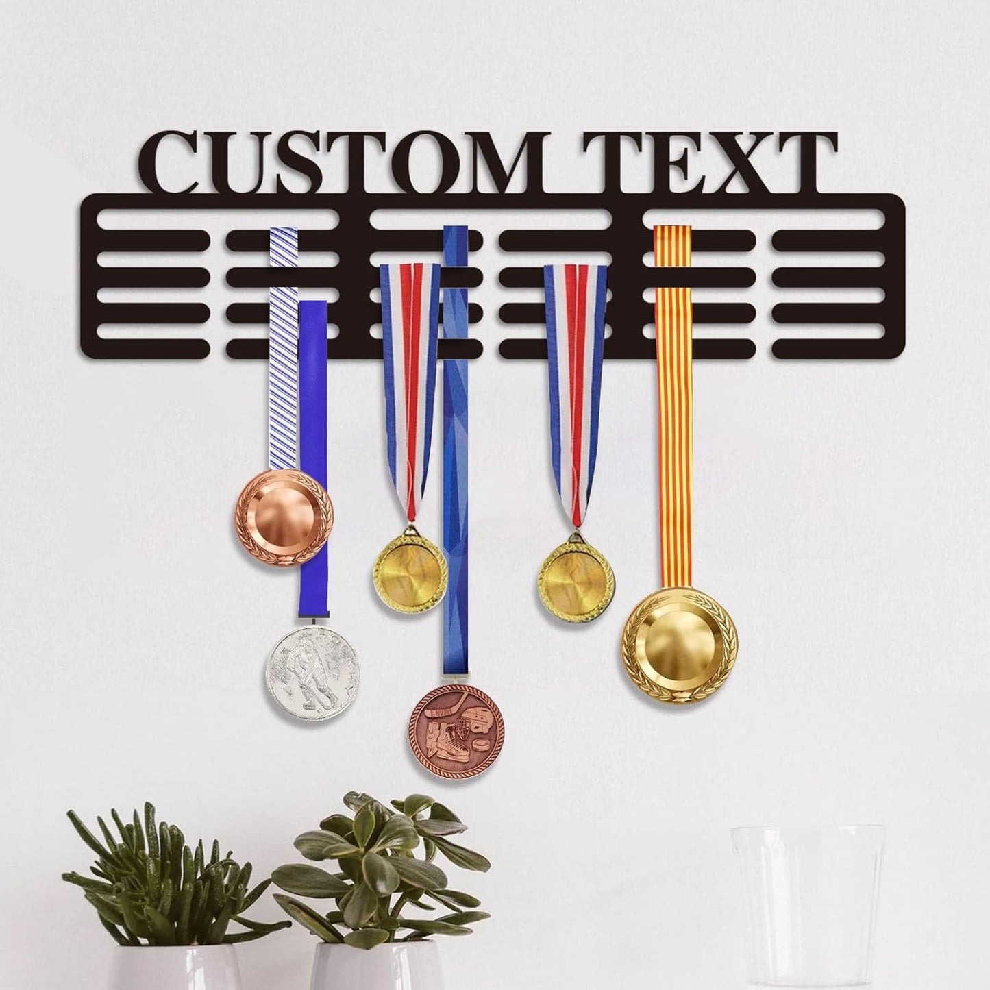 Personalized Sports Medal Display Rack Wall Mount Holds 60 Awards for Youth Gifts
