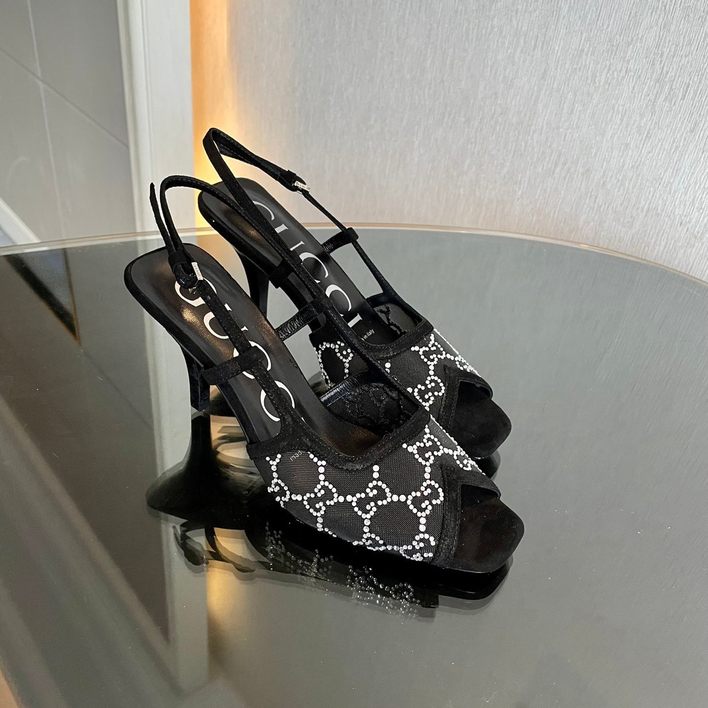 New G logo mesh rhinestone high-heeled sandals XC16060702