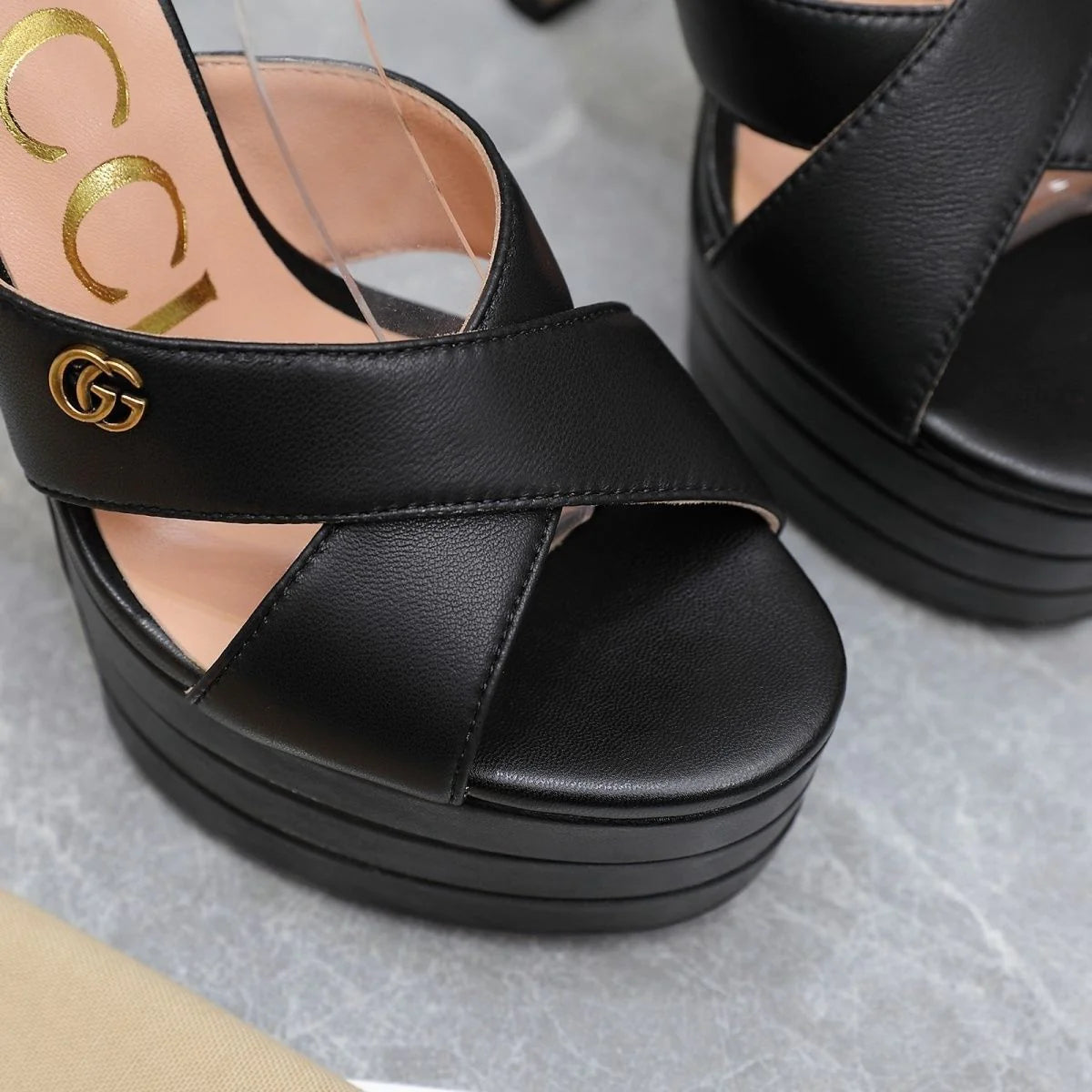 New Black Leather G Logo women's fashion high-heeled