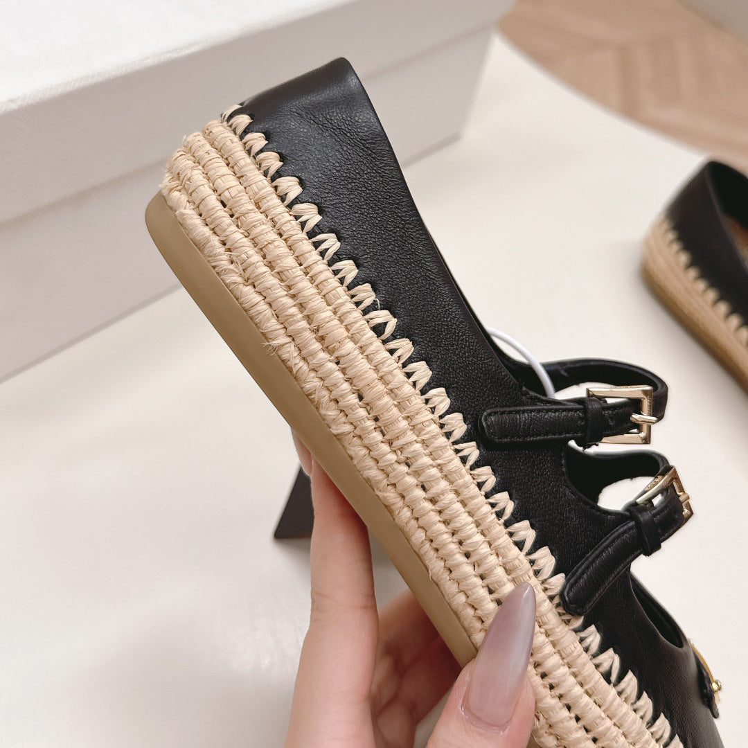 Raffia Straw Mary Jane Flat Single Shoes 1025051503