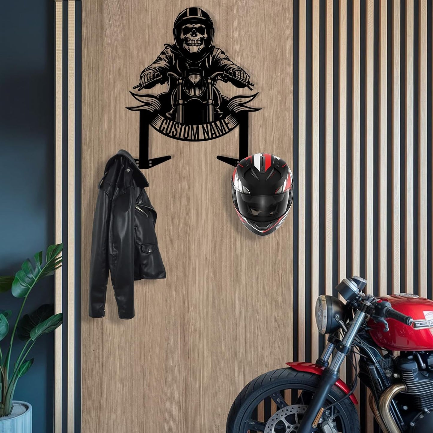 Vintage Iron Motorcycle Helmet Holder , Handmade Wall Hook with Personalized Name
