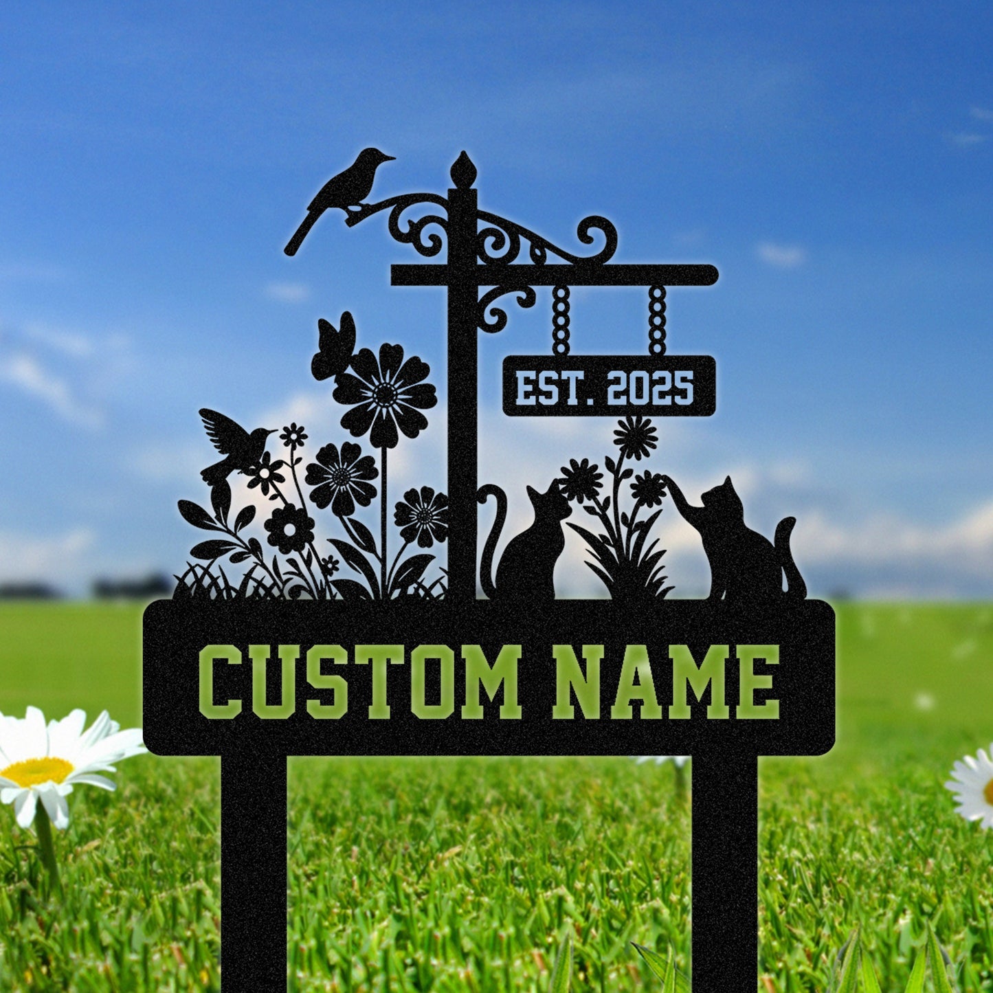 Custom Garden Stake Metal Sign, Personalized Floral Name Plaque with Birds and Butterflies, Outdoor Yard Decor for Gardeners