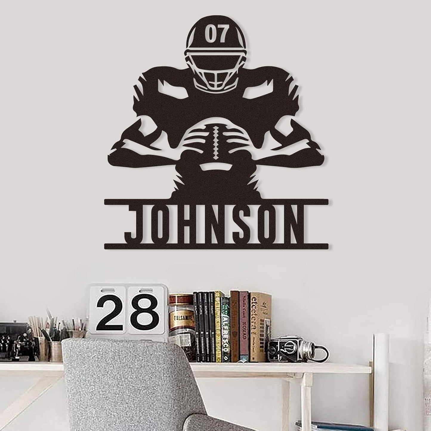 Custom Focused Football Player Metal Sign, Personalized Name & Number Wall Art for Boys Room or Athlete Gift