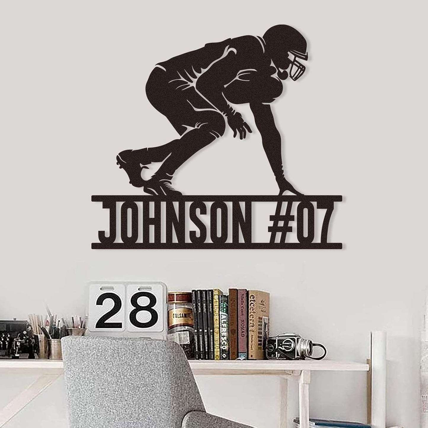 Custom Kneeling Football Player Metal Sign with Name & Number, Personalized Sports Wall Art for Boys Room or Athlete Tribute Gift