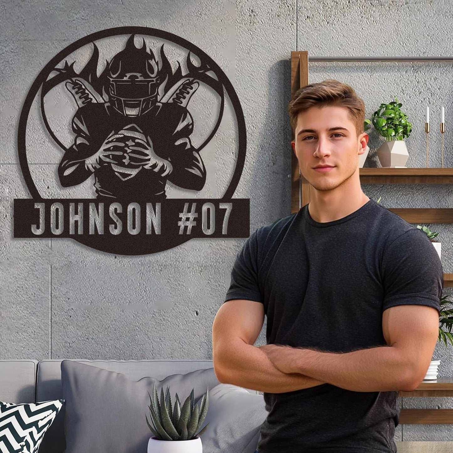 Personalized Football Wall Art with Name and Number, Custom Flaming Player Metal Sign, Sports Decor for Boys Room or Team Gift